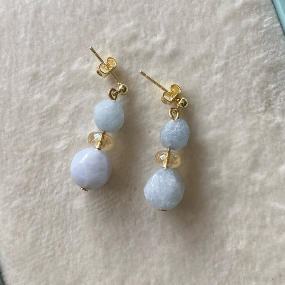 Faceted aquamarine and crystal gold plated sterling silver earrings - Picture 5 of 6